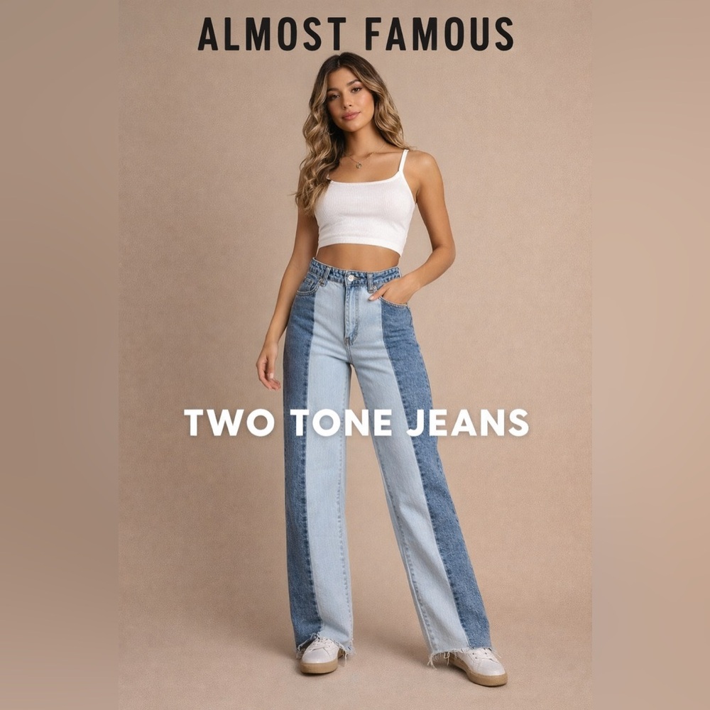 Almost Famous Two Tone High Rise Jeans 70s Panel Stripe Fray Hem Size 9